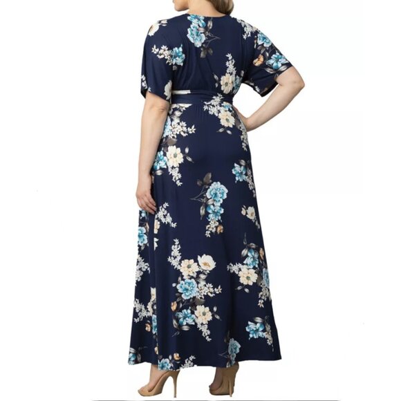 Kiyonna Womens 4X Navy Floral Print Kimono Sleeve V Neck Long Maxi Dress USA NWT - Picture 2 of 13